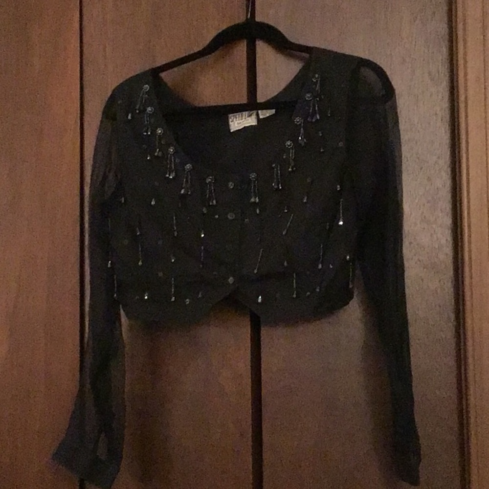 Speed Limit - MPH Black Beaded Top With Sheer Long Sleeves Size S